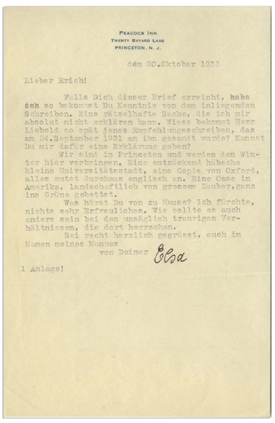 Elsa Einstein Letter Signed Praising Princeton, The Einsteins New Home After They Fled Germany -- ''...We are in Princeton...An enchantingly pretty little university town...An oasis in America...''